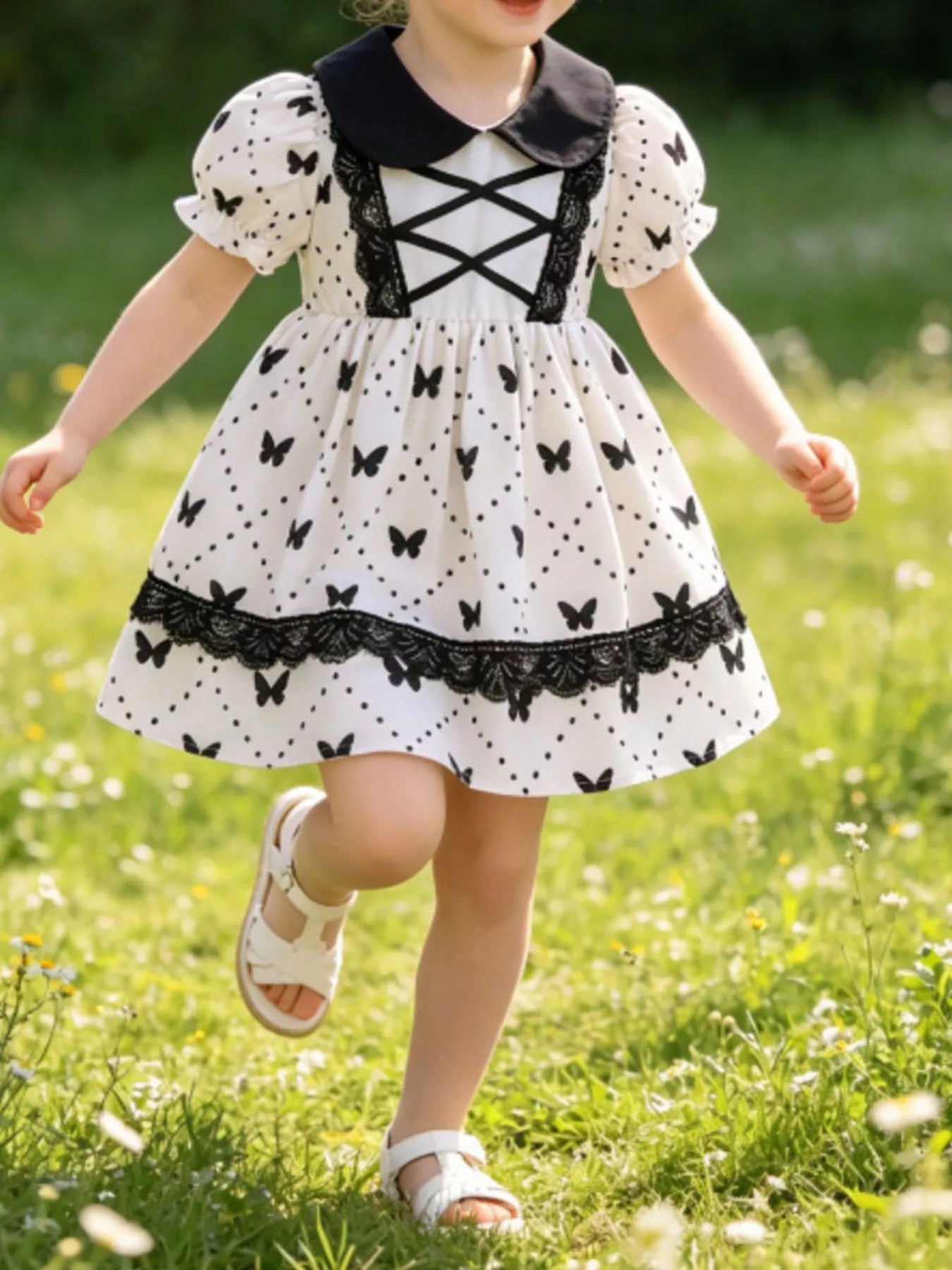 Butterfly Print Lace Trim Peter Pan Collar Dress in White for Girls