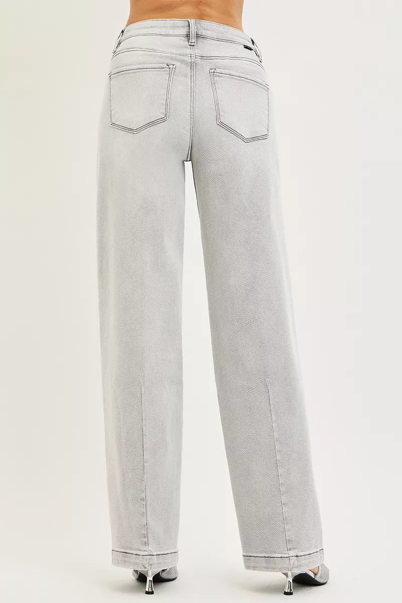 Slouchy Baggy Jeans with Contrast Stitching in Light Grey for Women