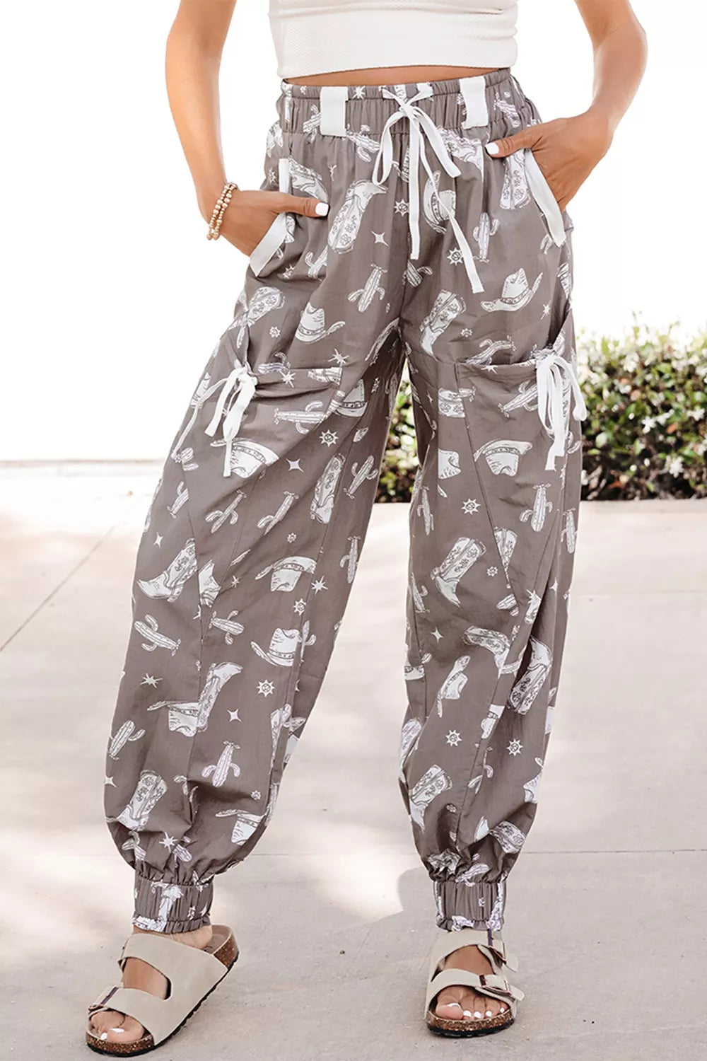 Western Cactus Cowgirl Hat Boot Printed Vintage Drawstring Jogger Pants in Mocha for Women