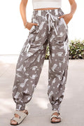 Western Cactus Cowgirl Hat Boot Printed Vintage Drawstring Jogger Pants in Mocha for Women