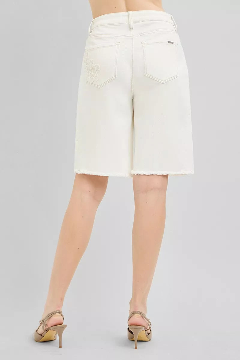 Slouchy Relaxed Floral Embroidered Bermuda Denim Shorts in Cream for Women