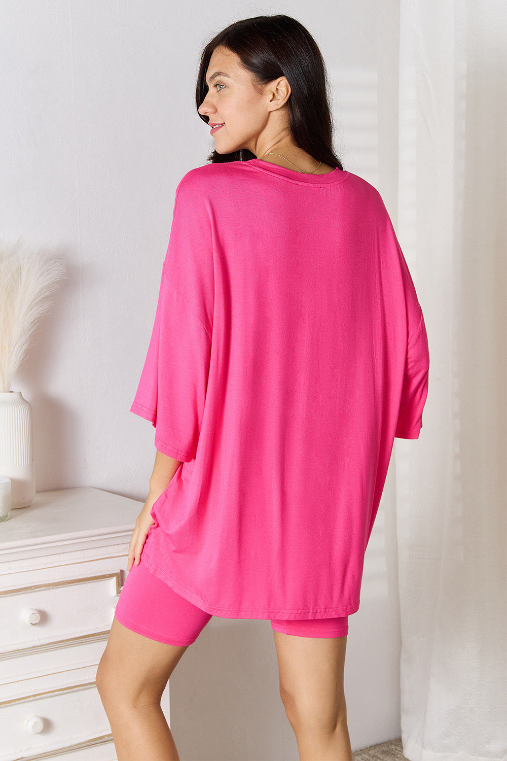 Plus Size Soft Rayon Three-Quarter Sleeve Top and Shorts Set in Black for Women