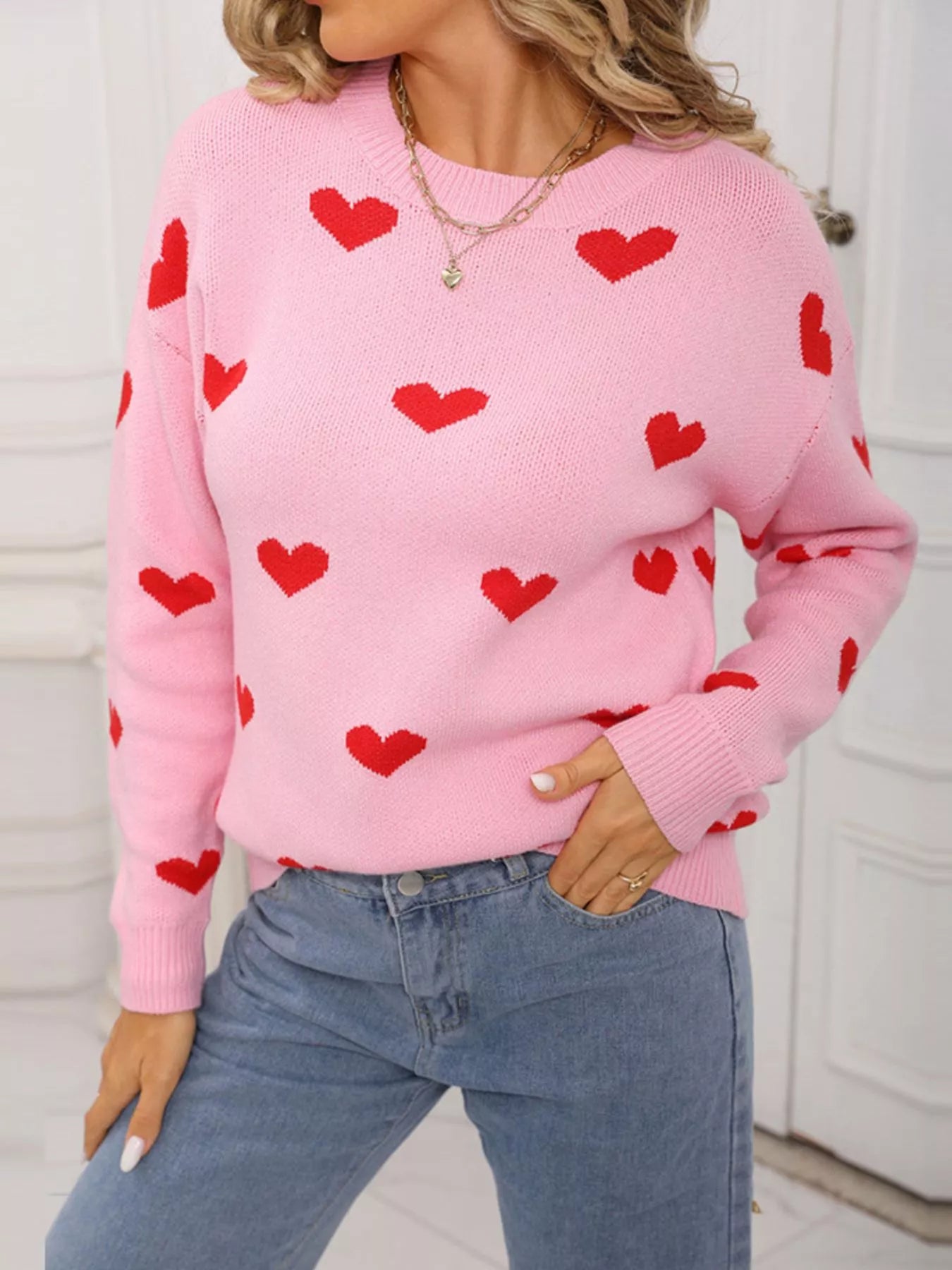 Valentines Day Heart Pattern Dropped Shoulder Sweater in Pink for Women