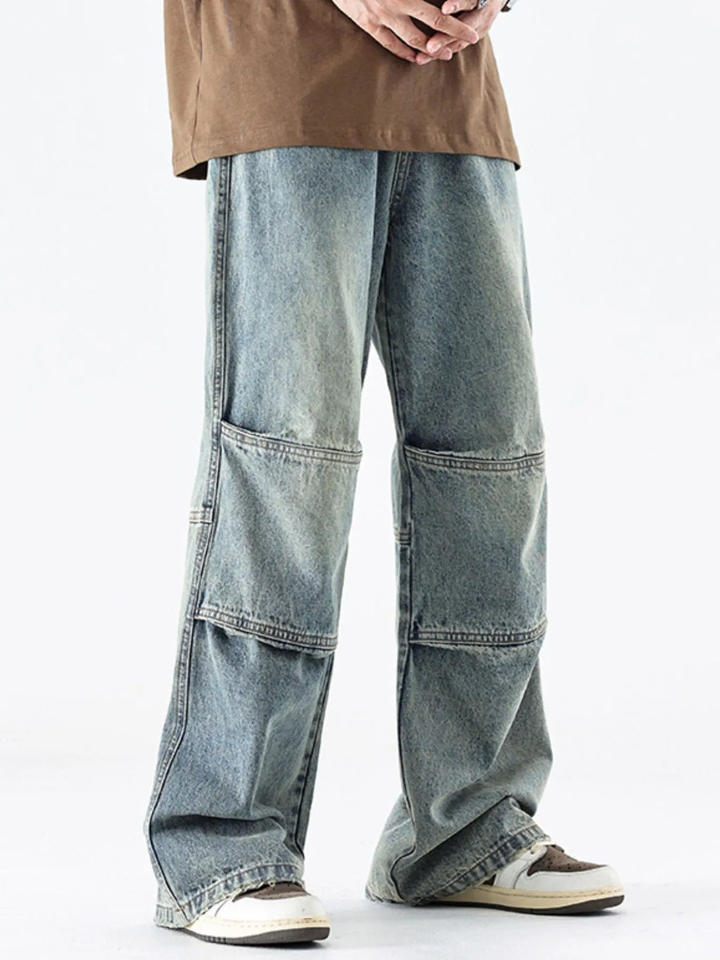 Vintage Wide Leg Utility Jeans with Multi-Panel Design for Men