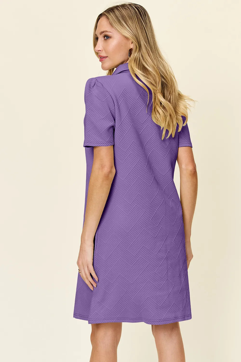 Plus Size Texture Collared Neck Short Sleeve Dress in White for Women