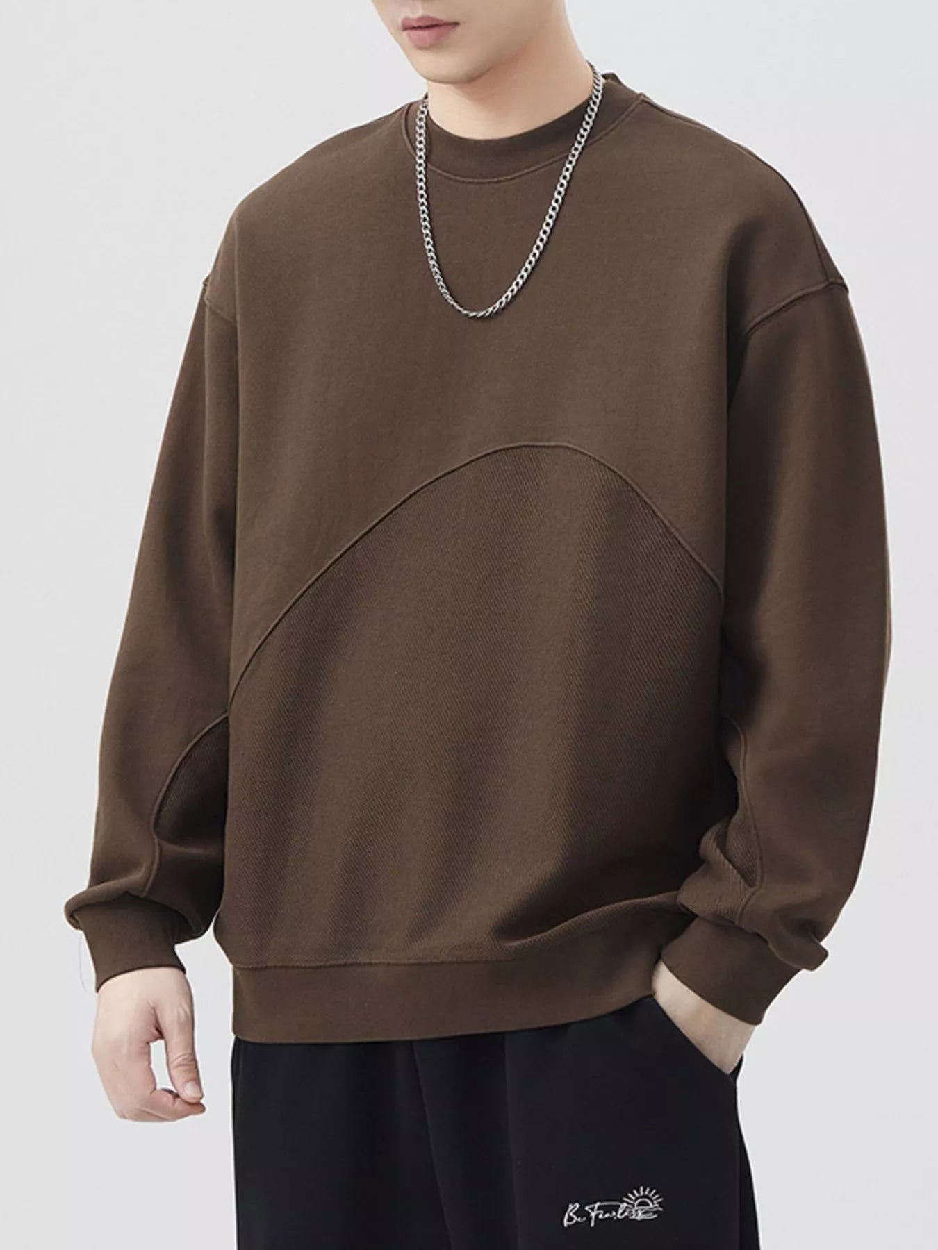 Plus Size Round Neck Long Sleeve Sweatshirt in Light Khaki for Men