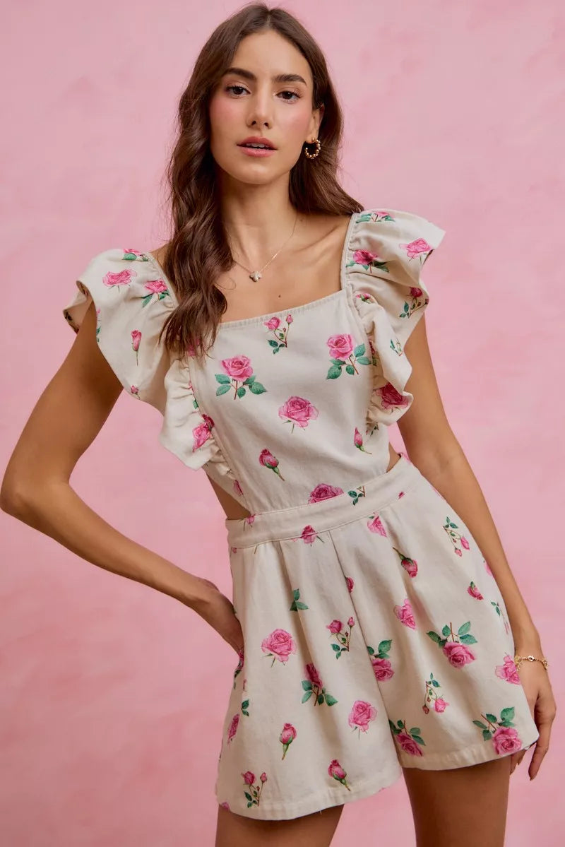 Floral Print Denim Cut Out Waist Ruffled Romper for Women