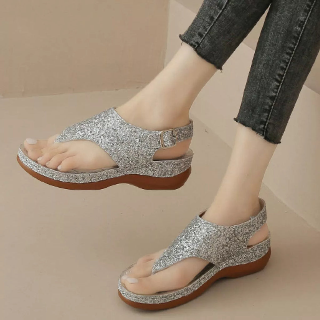 Toe Post Wedge Sandals in Playing Cards in Gold for Women