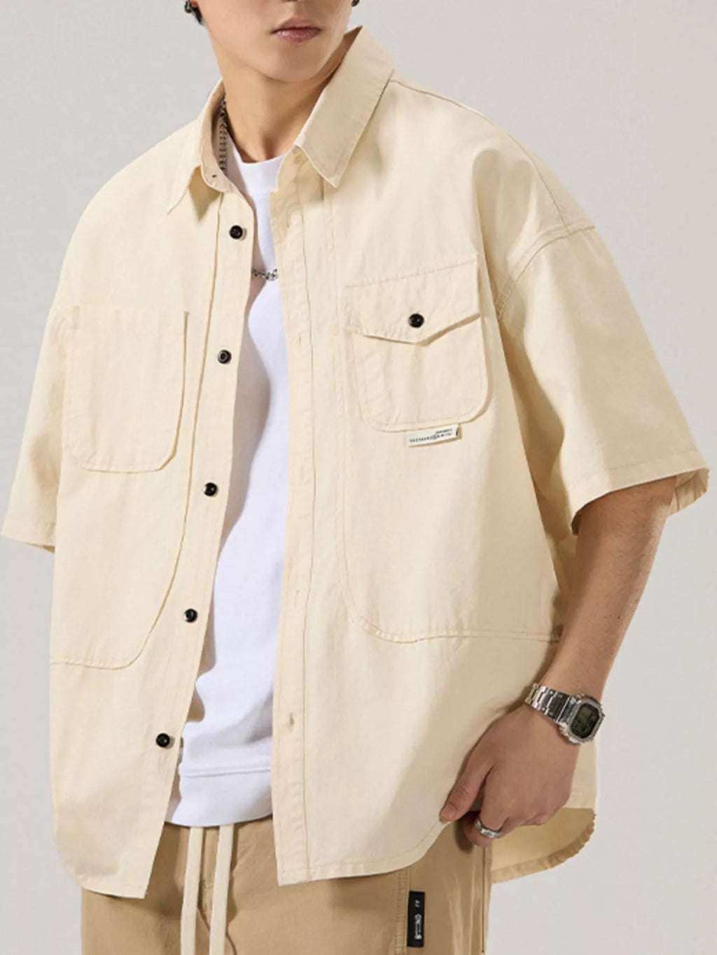 Button Up Half Sleeve Shirt Plus Size in Light Apricot in Black for Men