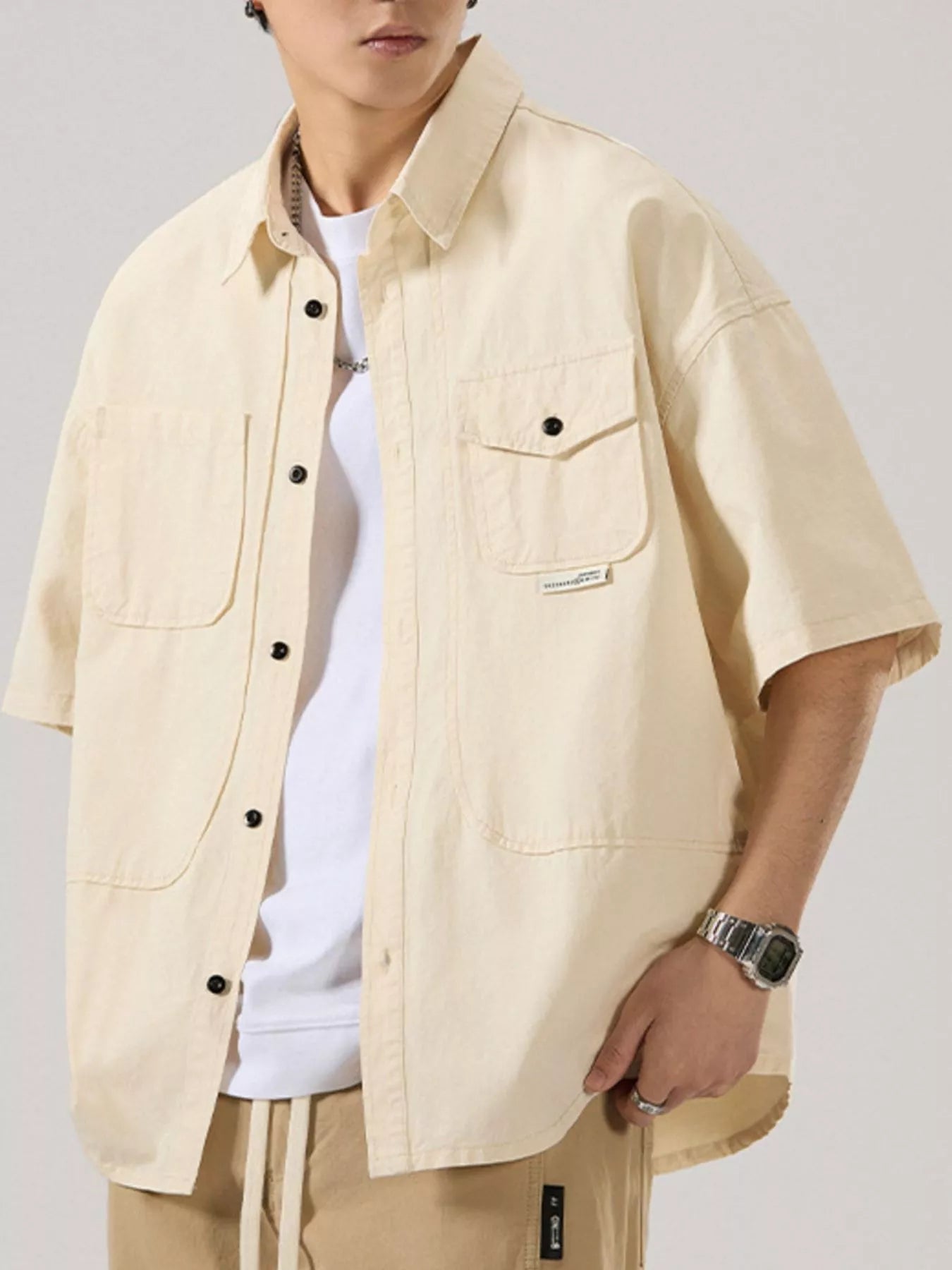 Button Up Half Sleeve Shirt Plus Size in Light Apricot in Black for Men