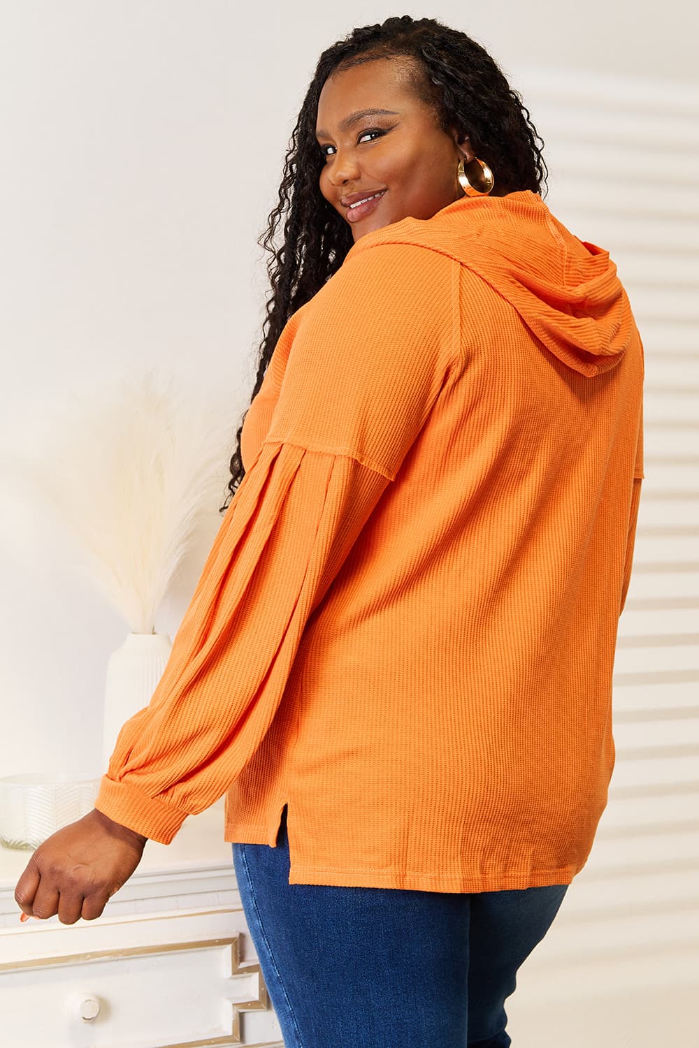 Side Slit Buttoned Waffle Knit Hoodie for Women