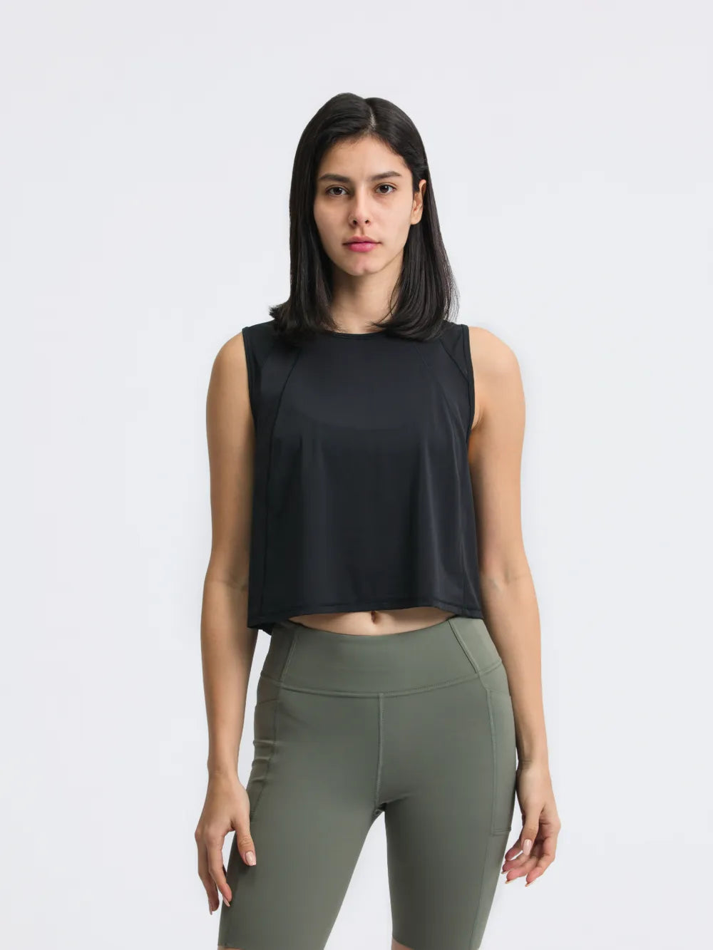 Round Neck Cropped Active Tank in Moss for Women
