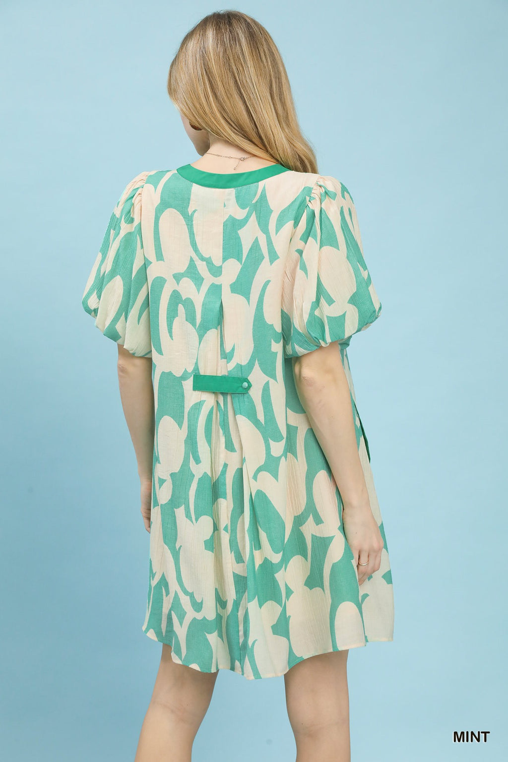 Abstract Print Puff Sleeve Shift Dress in Mint for Women