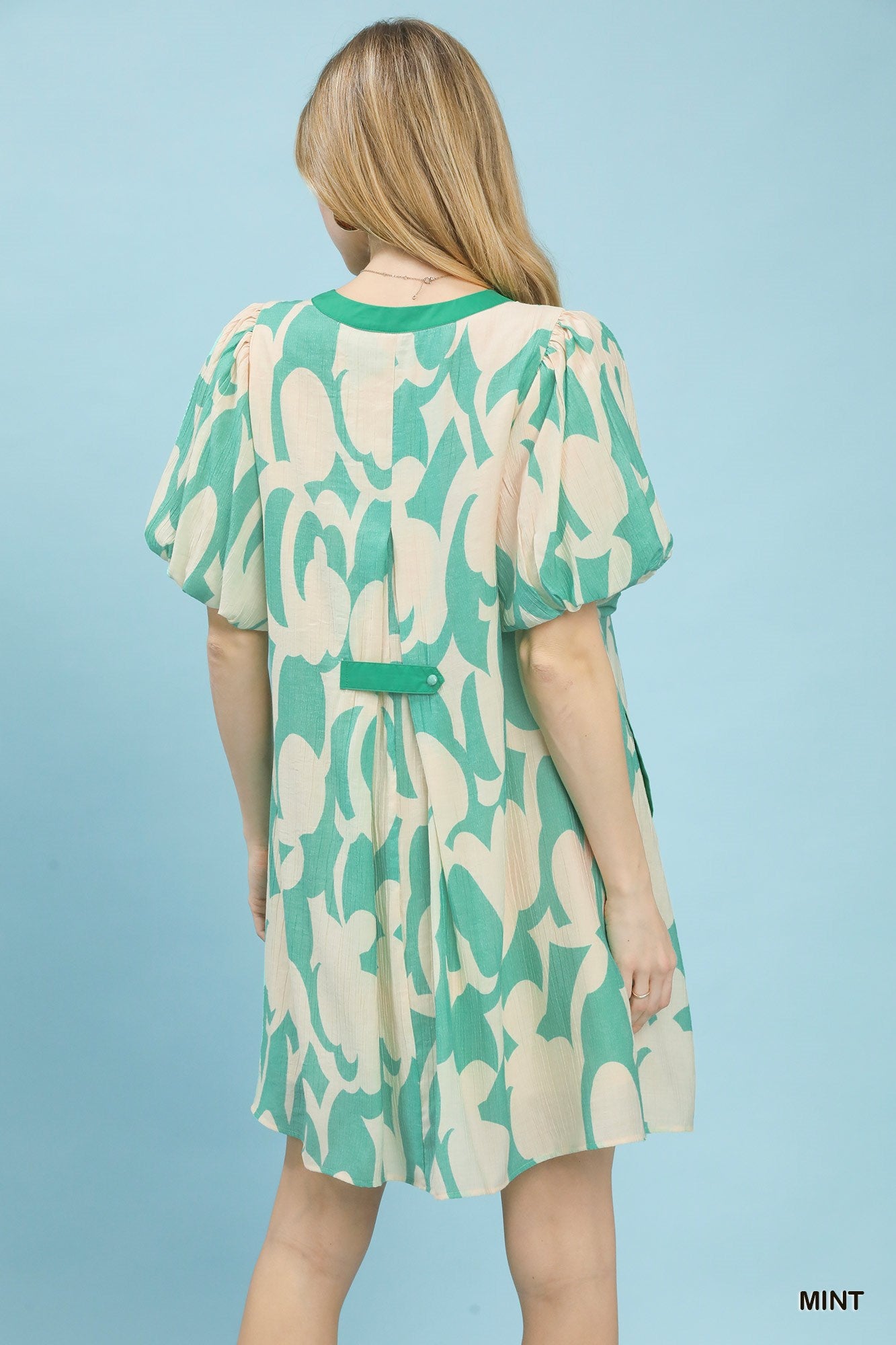 Abstract Print Puff Sleeve Shift Dress in Mint for Women
