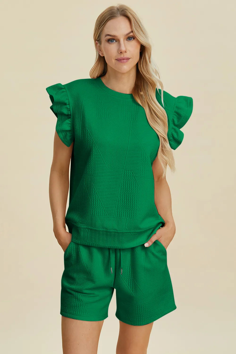 Plus Size Texture Round Neck Ruffle Sleeve Top and Shorts Set in Dark Green for Women