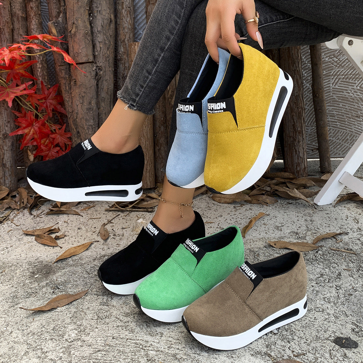 Round Toe Platform Slip-Ons in Black for Women