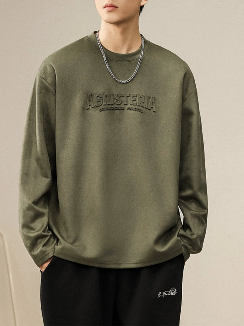 Plus Size Round Neck Long Sleeve Sweatshirt in Black for Men