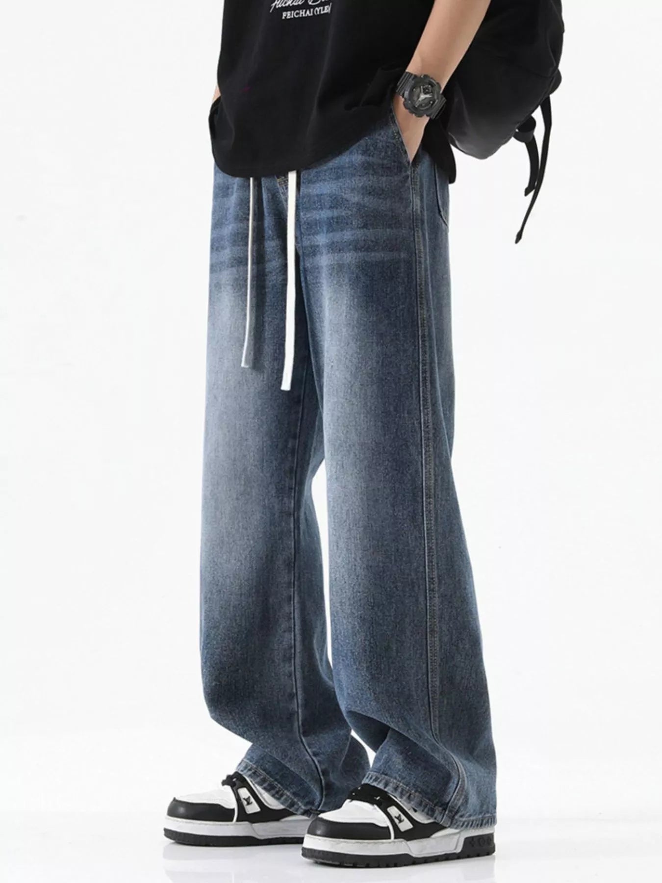 Drawstring Wash Wide Leg Jeans Plus Size in Light Blue for Men