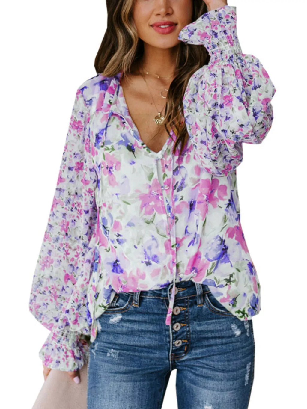 Floral Print Smocked Cuff Blouse Plus Size in Pink for Women