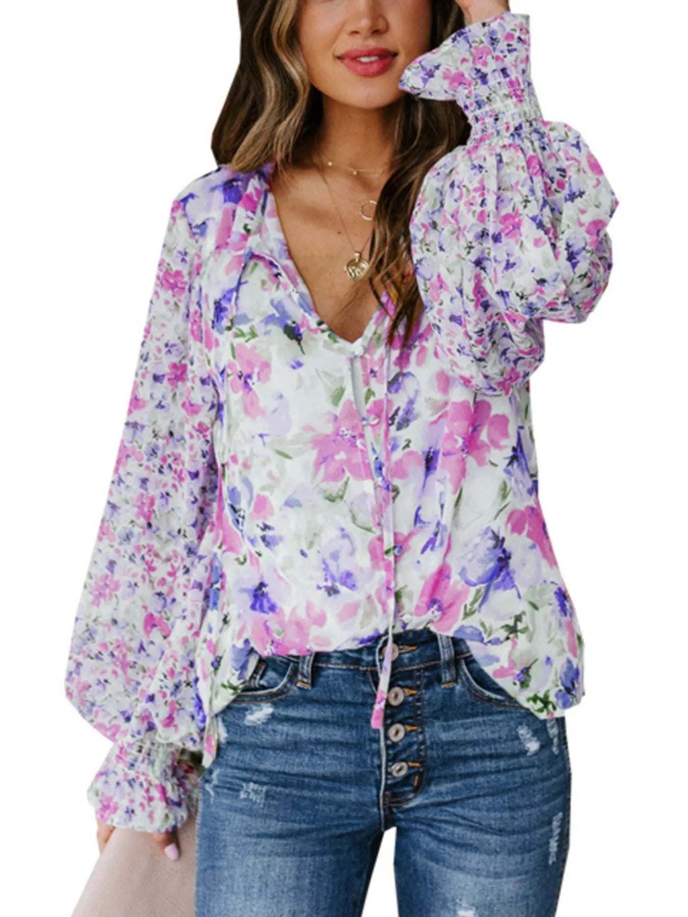 Floral Print Smocked Cuff Blouse Plus Size in Pink for Women