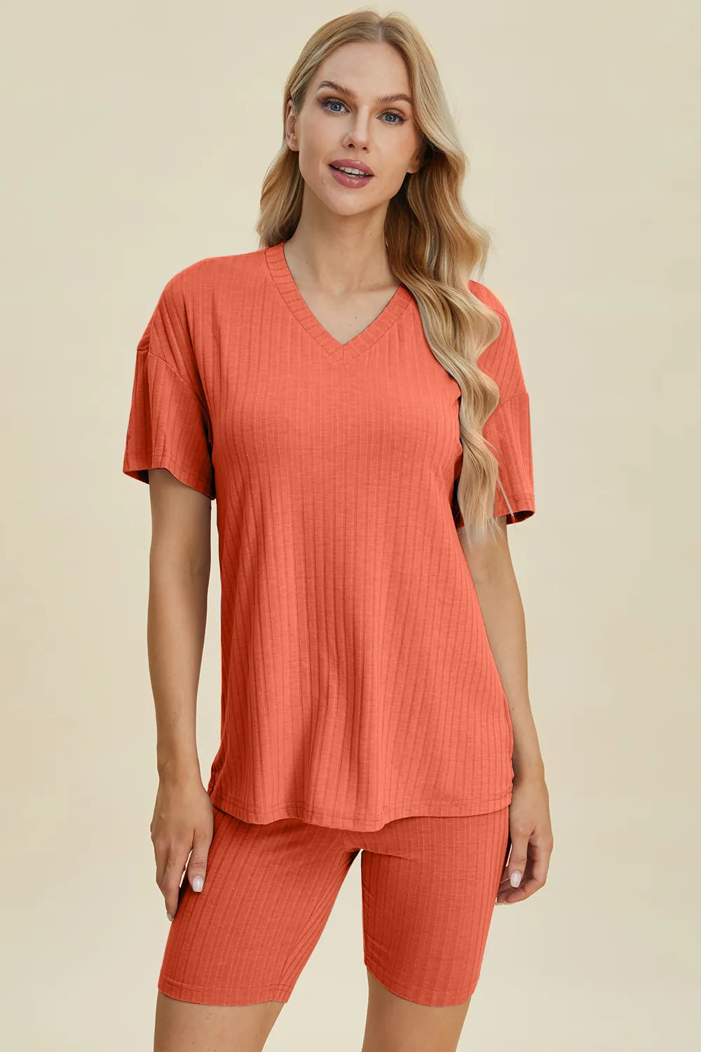 Plus Size Ribbed V-Neck Short Sleeve Top and Shorts Set in Chartreuse for Women
