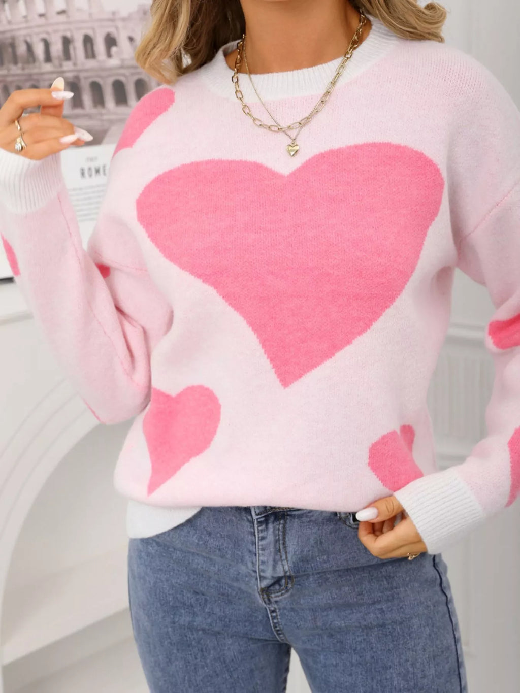 Valentines Day Heart Crew Neck Sweater in Classic in White for Women