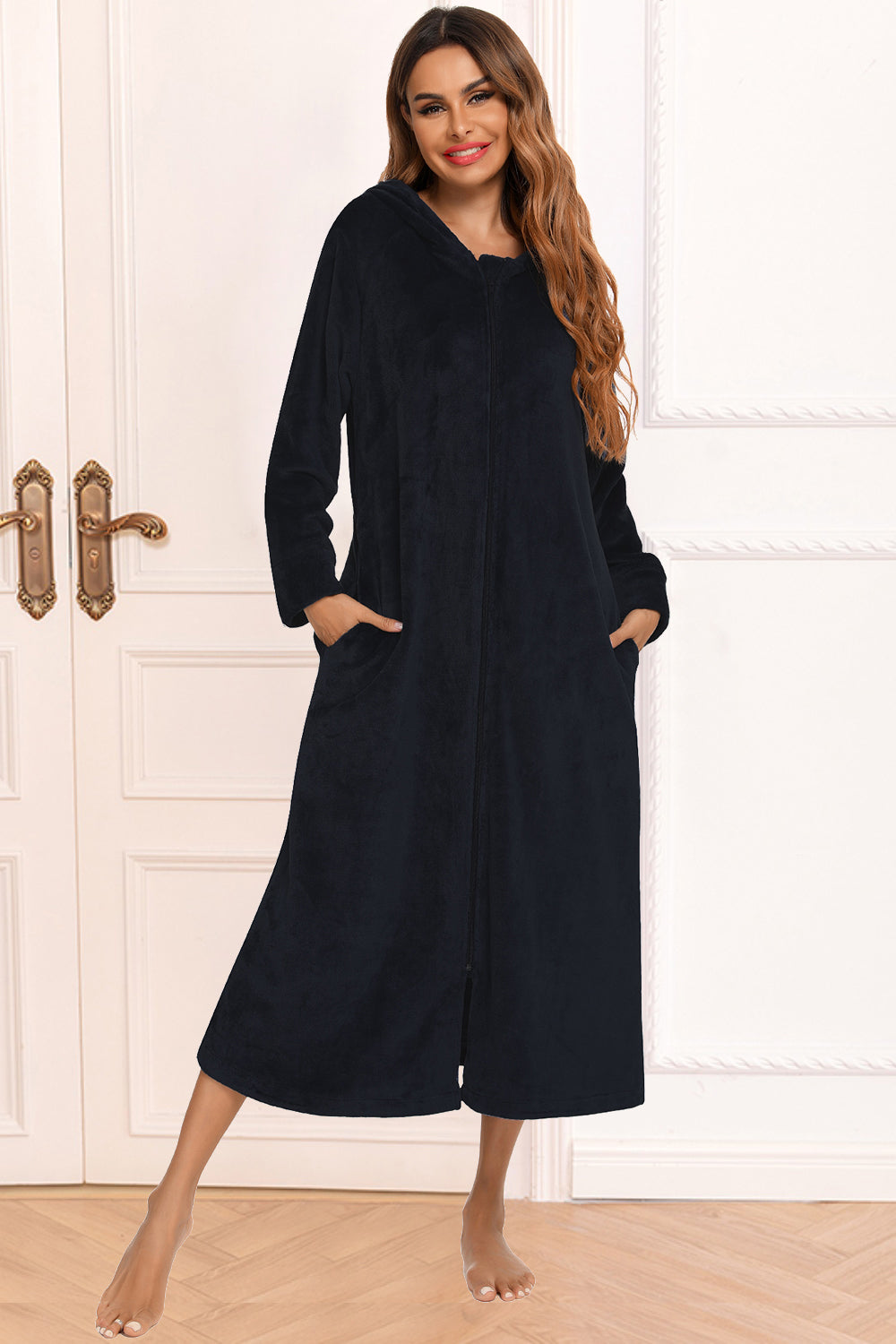 Zip Front Hooded Night Dress with Pockets in Black for Women