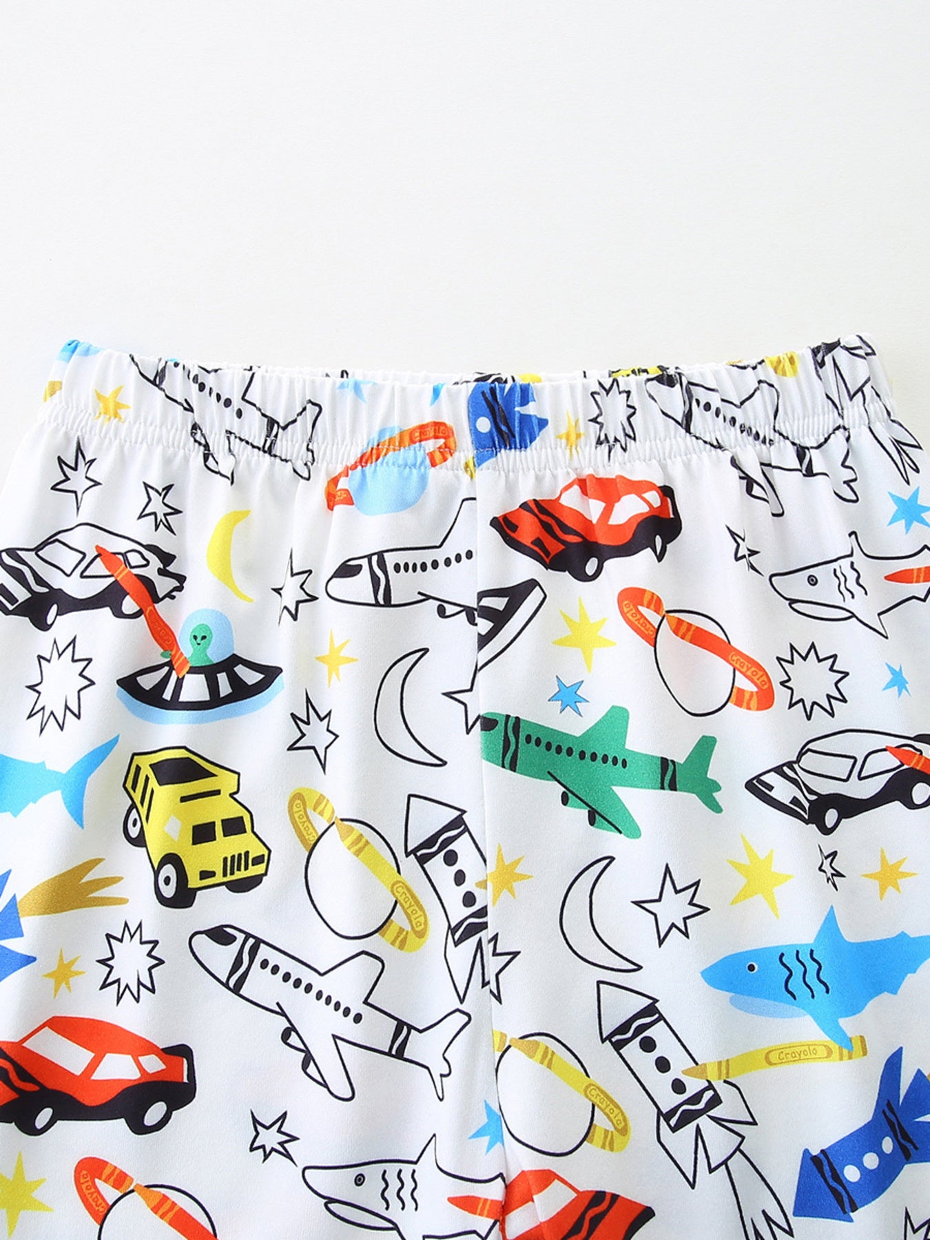 Cartoon Vehicle Print Tee and Shorts Set in White for Boys