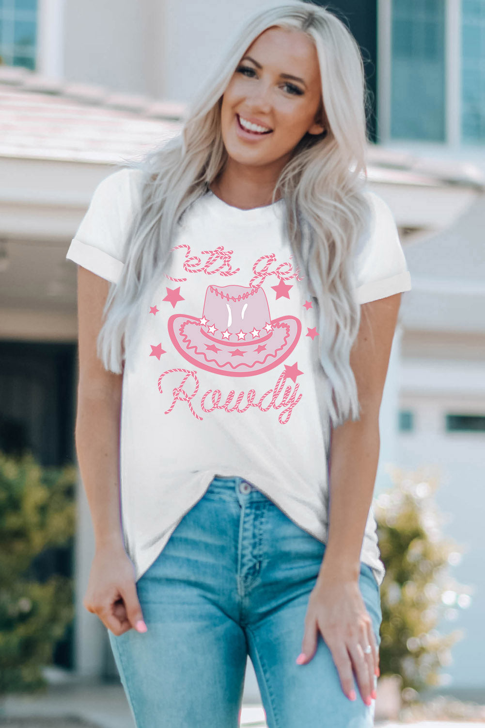 Cowboy Hat Graphic Round Neck Tee in White for Women