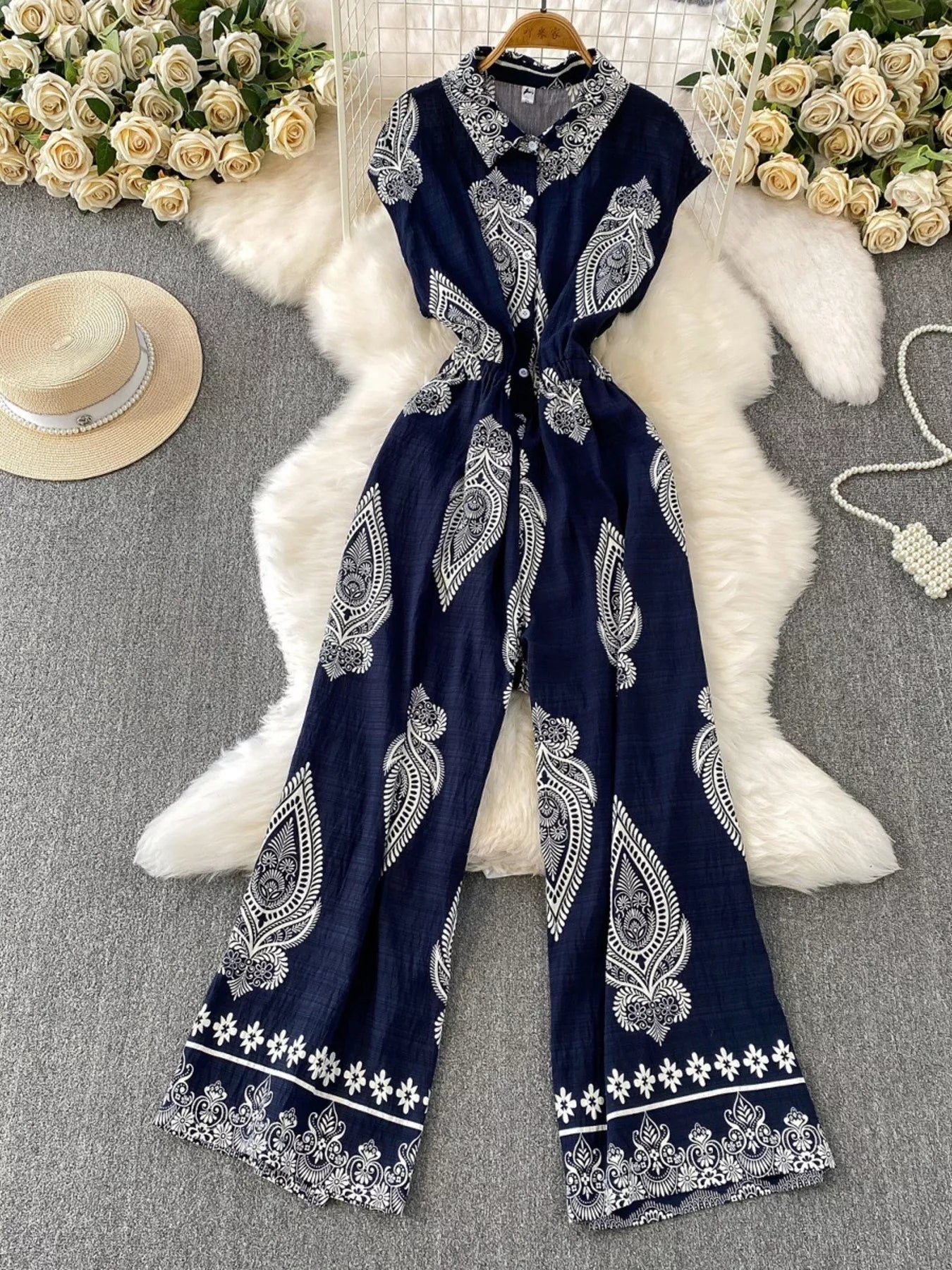 Green Button Front Wide Leg Jumpsuit for Women