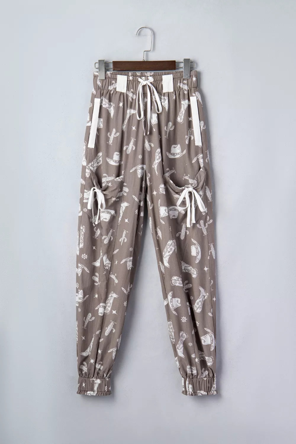 Western Cactus Cowgirl Hat Boot Printed Vintage Drawstring Jogger Pants in Mocha for Women