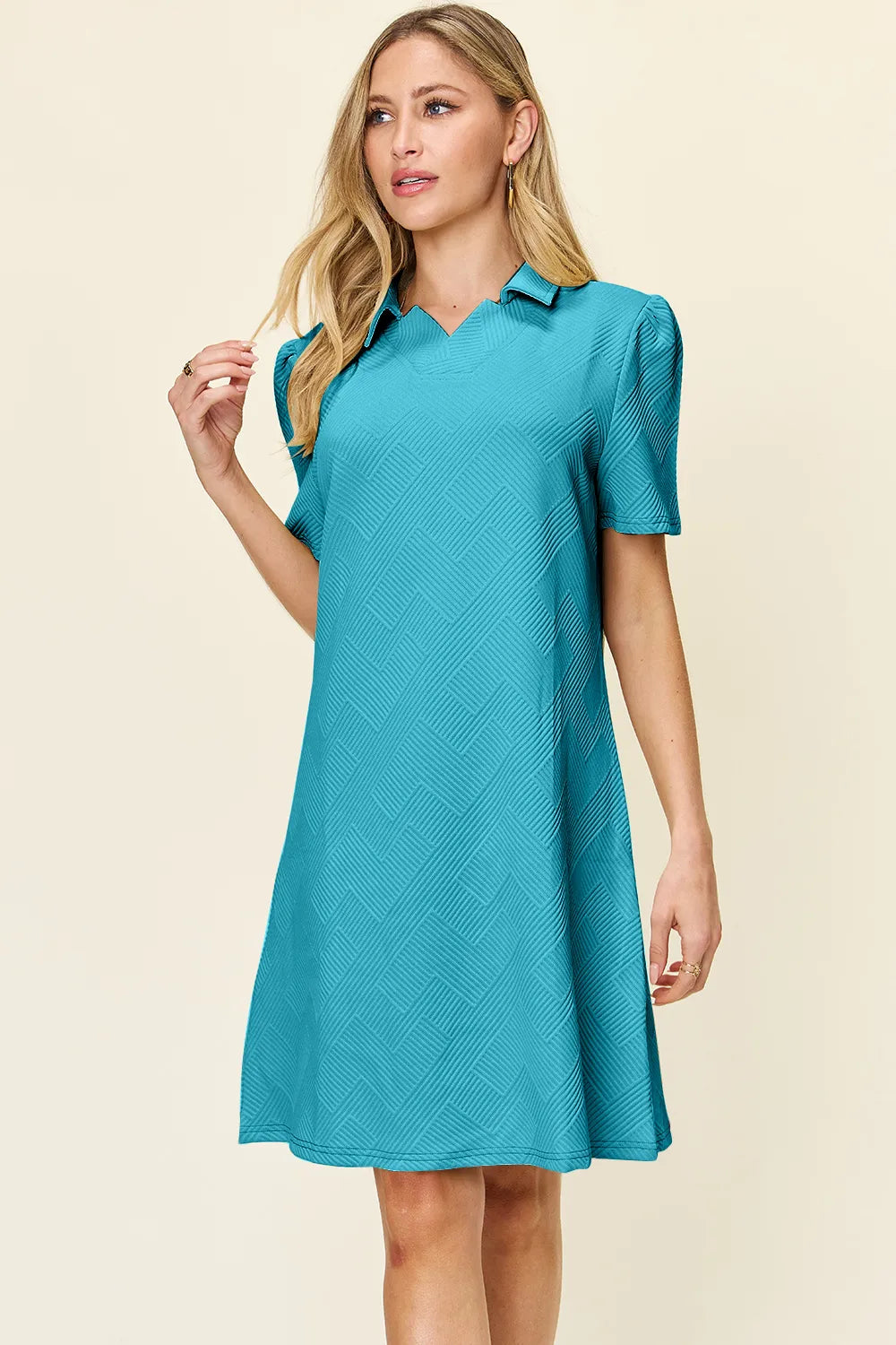 Plus Size Texture Collared Neck Short Sleeve Dress in Cream for Women