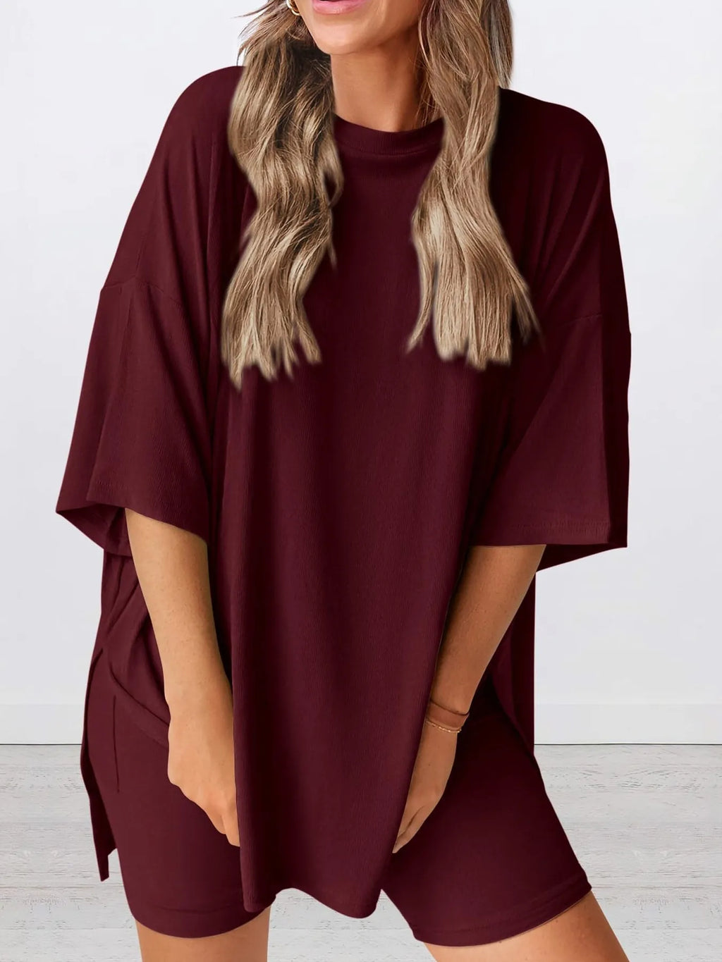 Oversized Slit Round Neck Top and Shorts Lounge Set Plus Size in Grey for Women