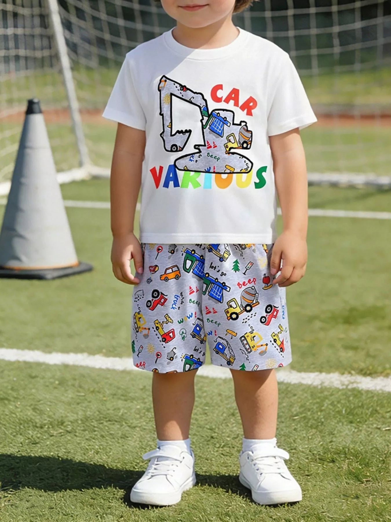 Cartoon Car Print Short Sleeve Tee and Shorts Set in White for Boys