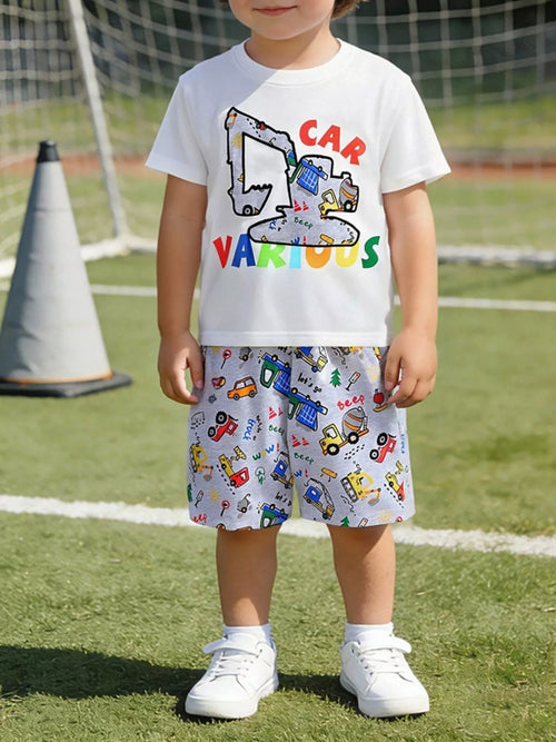 Cartoon Car Print Short Sleeve Tee and Shorts Set in White for Boys