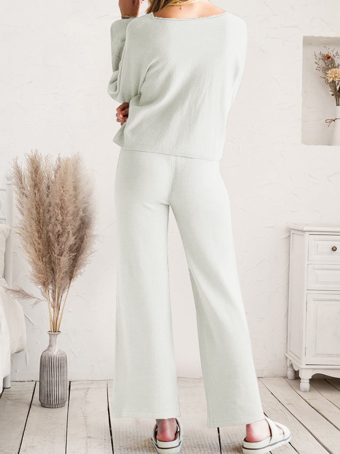 Long Sleeve Lounge Top and Drawstring Pants Set in Ivory for Women