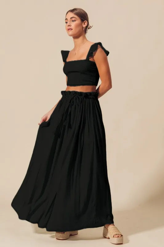 Smocked Top and Flowy Maxi Skirt Set in Black for Women