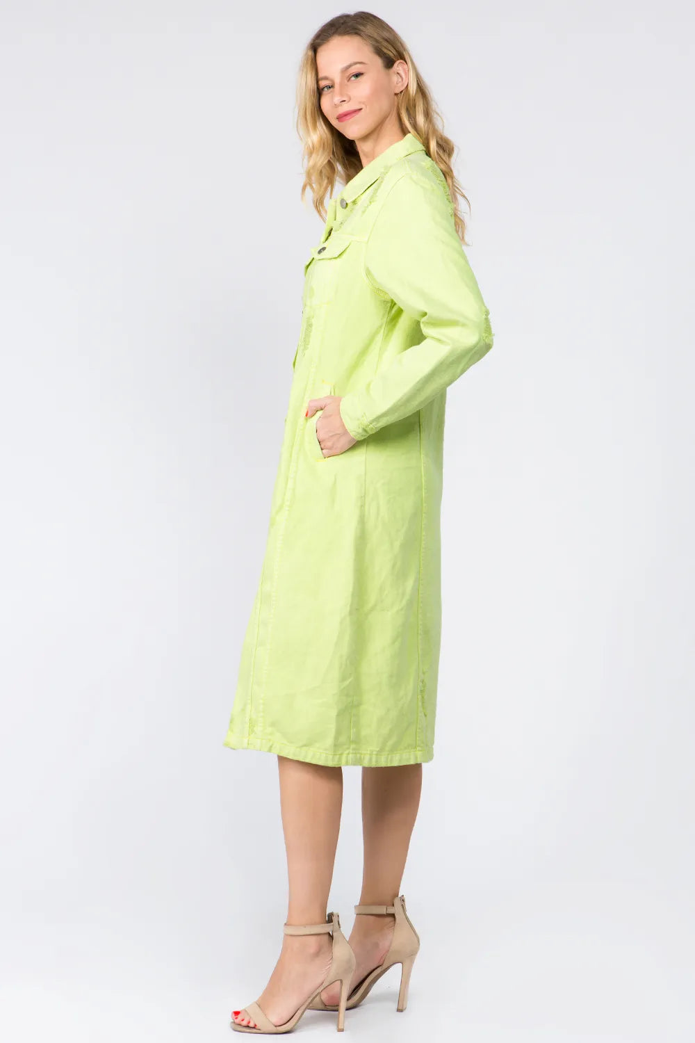 Button Up Distressed Denim Dress in Lime for Women