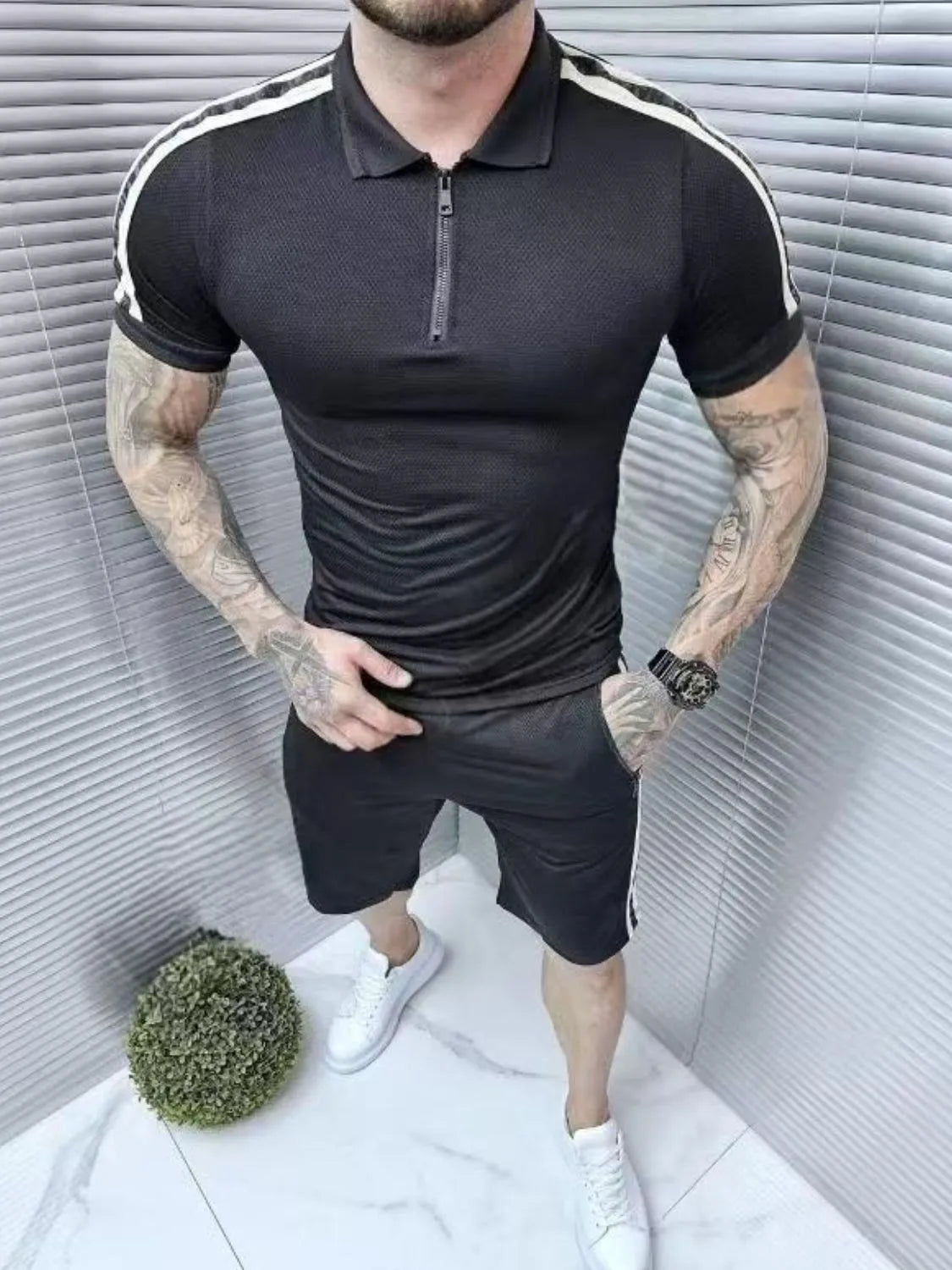 Collared Neck Short Sleeve Top and Shorts Set in White for Men