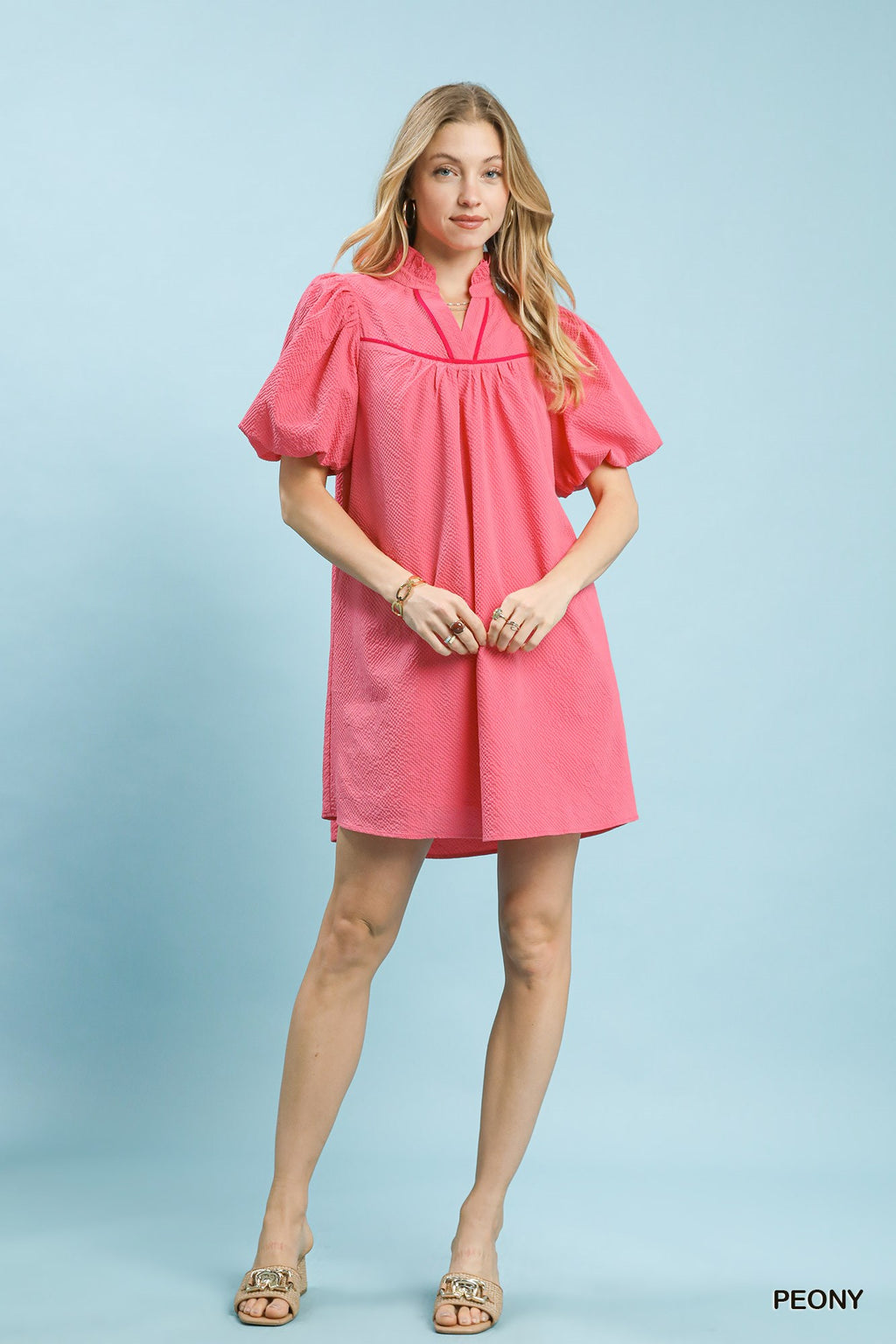 Seersucker Puff Sleeve Dress in Peony for Women