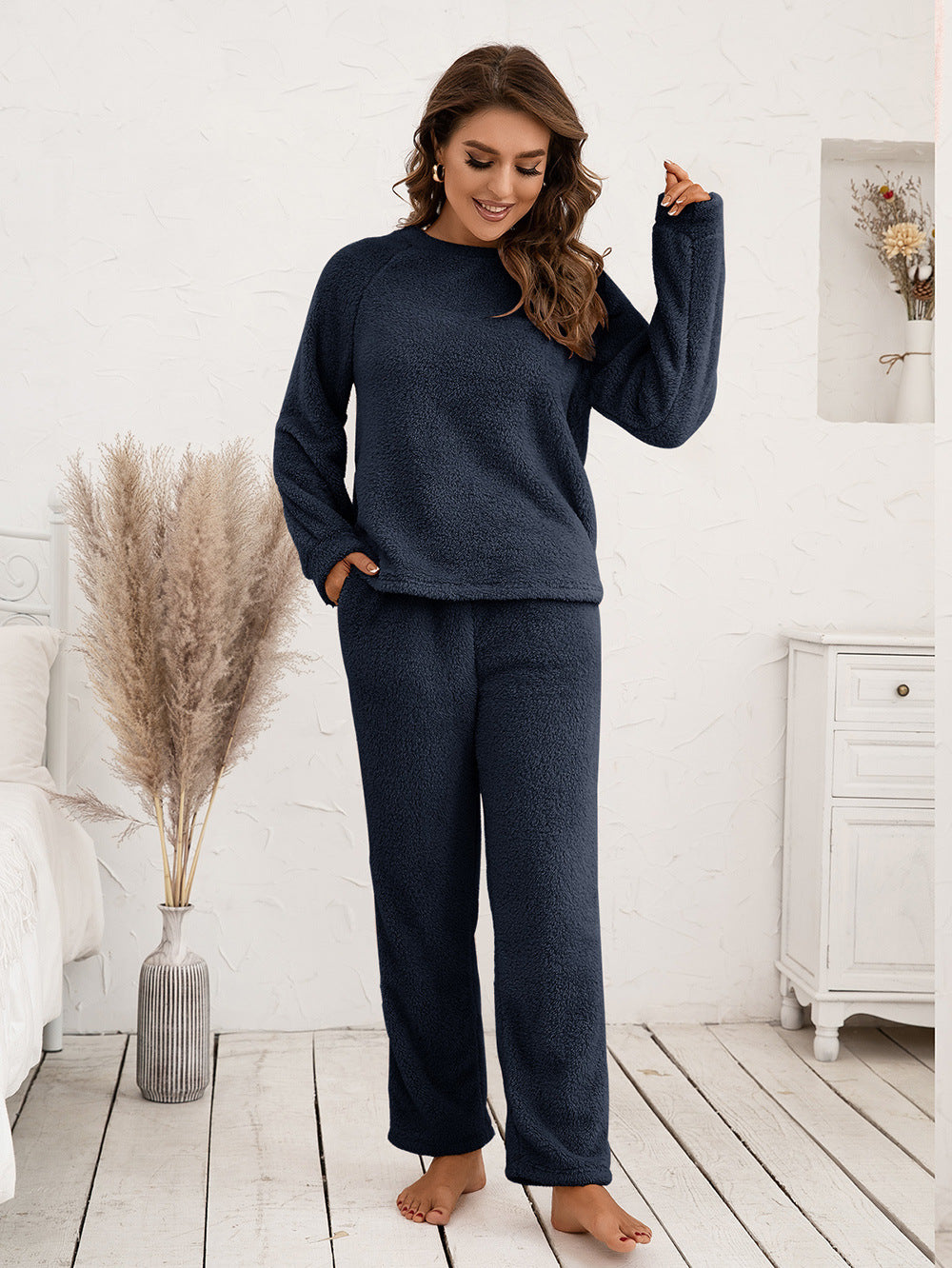 Ivy Lane Teddy Long Sleeve Top and Pants Lounge Set in Black for Women