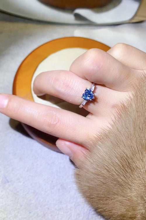 1 Carat Moissanite Heart-Shaped Platinum-Plated Ring in Blue for Women