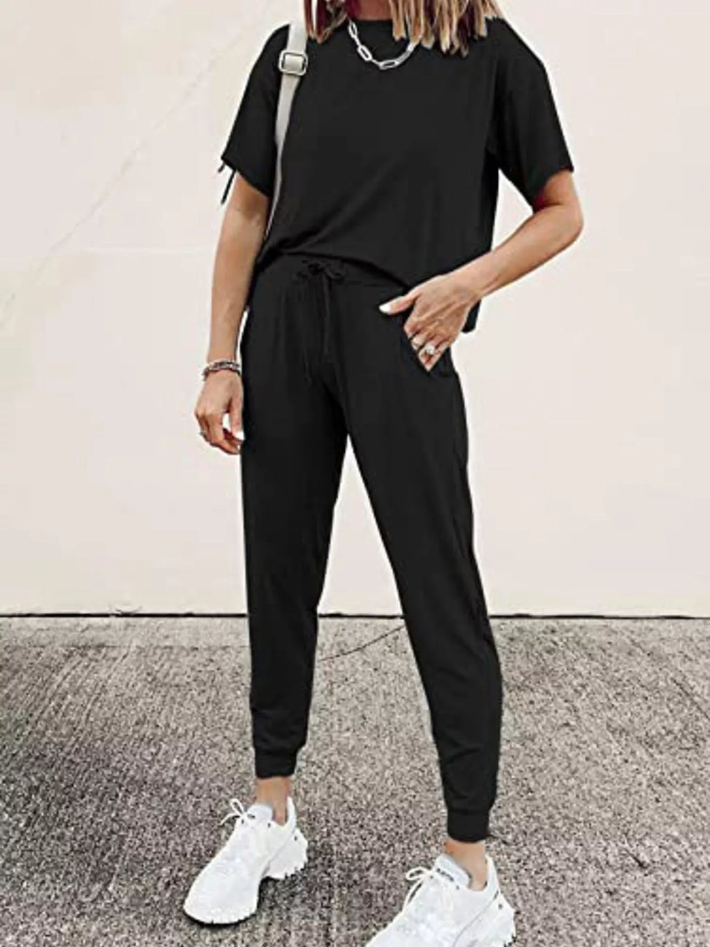 Round Neck Top and Drawstring Pants Set Plus Size in Grey for Women