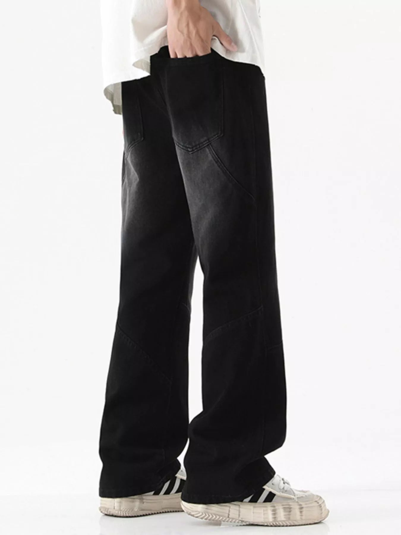 Drawstring Wide Leg Jeans Plus Size in Black in Ash for Men