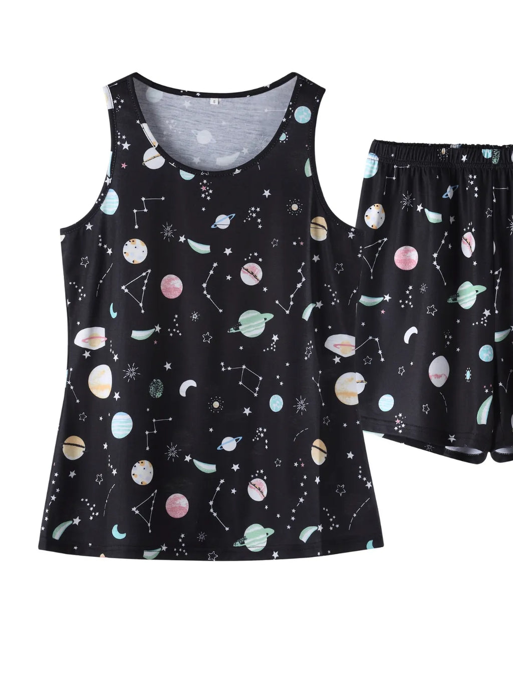 Printed Round Neck Top and Shorts Lounge Set in Black for Women