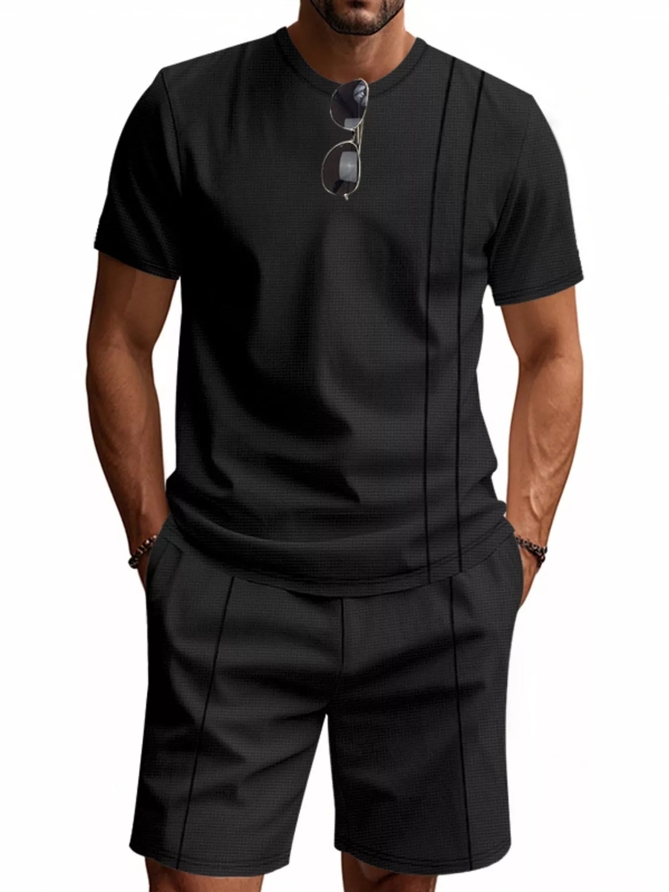 Casual Striped Short Sleeve T-Shirt and Shorts Set Plus Size in Khaki for Men