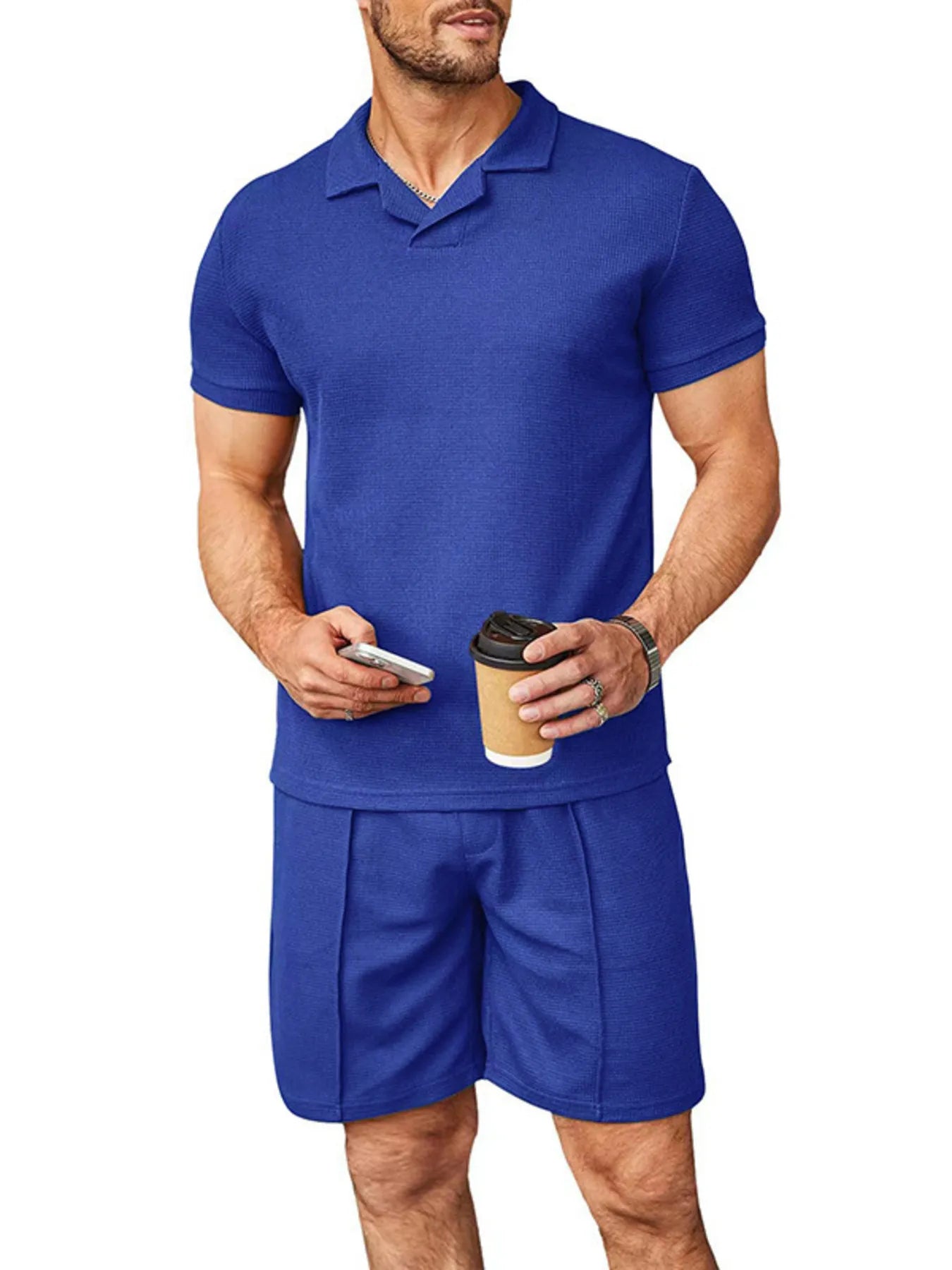 Plus Size Short Sleeve Top and Shorts Set in White for Men
