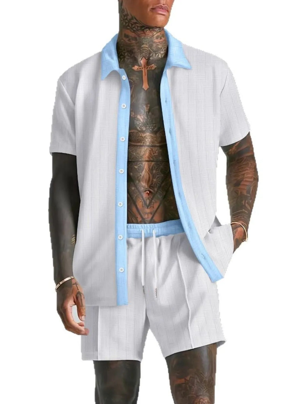 Collared Neck Short Sleeve Top and Shorts Set Plus Size in Tan for Men
