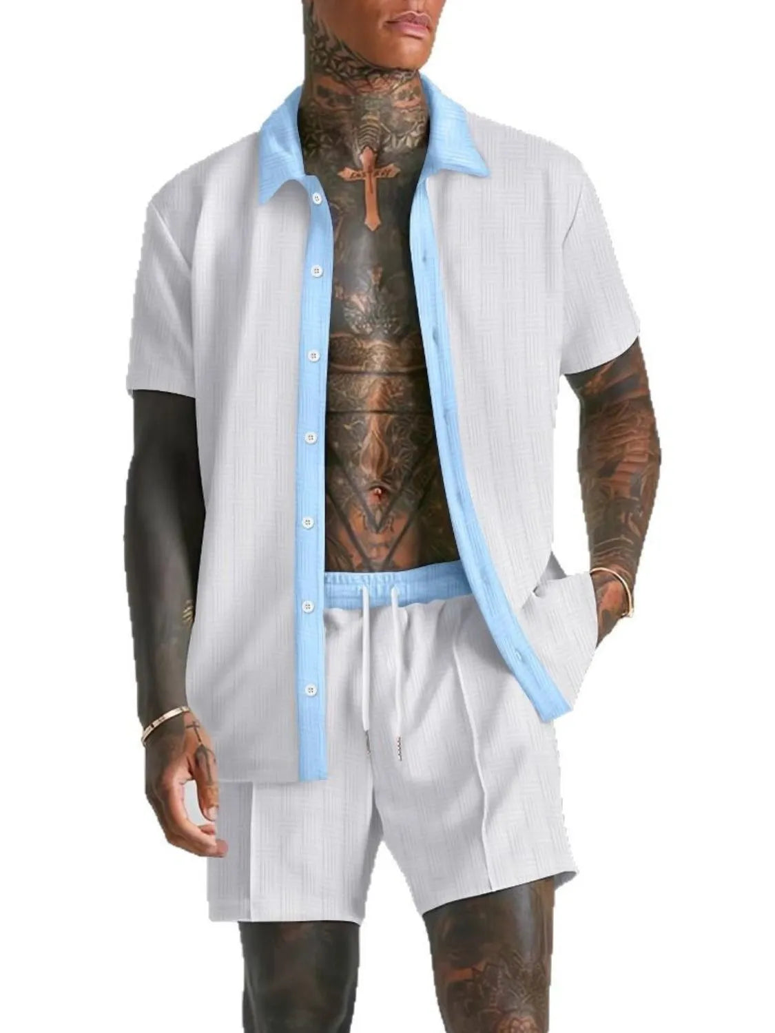 Collared Neck Short Sleeve Top and Shorts Set Plus Size in Tan for Men