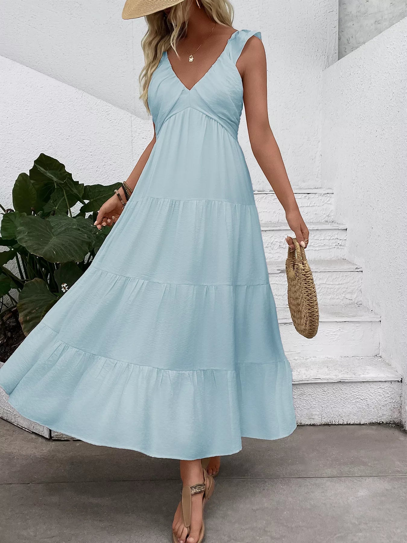 V-Neck Tiered Dress with Flutter Sleeves in Blush Pink for Women